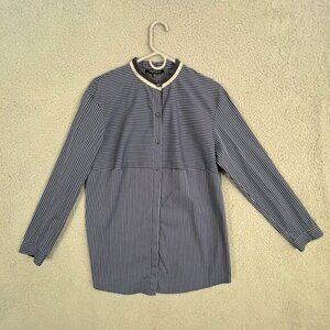 LAFAYETTE 148 WOMENS BUTTON DOWN BLOUSE BLUE BLACK STRIPES SIZE M